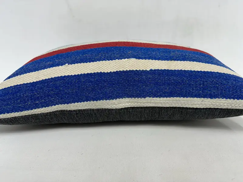Blue & Red Striped Throw Pillow, 12x20 Inches, Handmade Cotton Pillow - 5