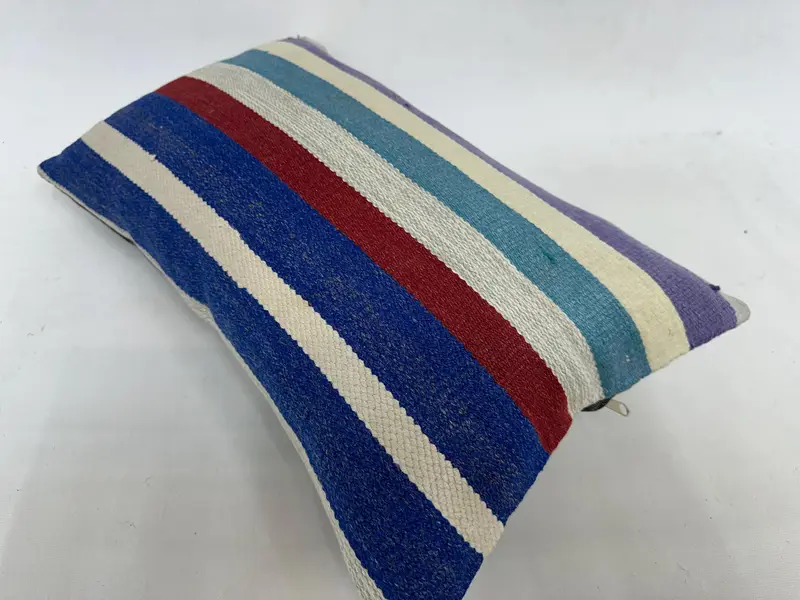 Blue & Red Striped Throw Pillow, 12x20 Inches, Handmade Cotton Pillow - 6