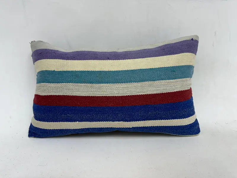 Blue & Red Striped Throw Pillow, 12x20 Inches, Handmade Cotton Pillow - 1