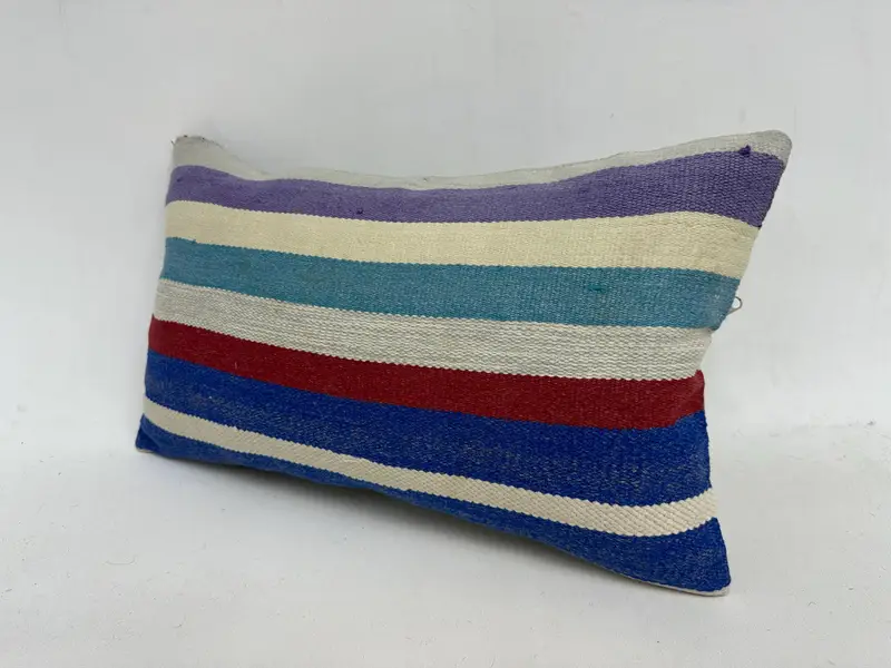 Blue & Red Striped Throw Pillow, 12x20 Inches, Handmade Cotton Pillow - 4