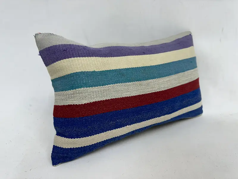 Blue & Red Striped Throw Pillow, 12x20 Inches, Handmade Cotton Pillow - 3