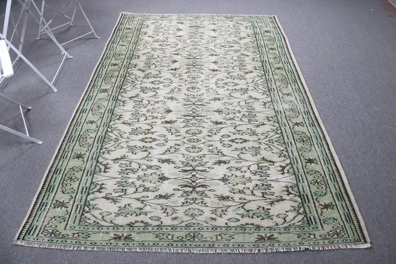 Vintage 5.2x8.1 ft Rug, Oushak Turkish Rug, Green Plants & trees Wool Rug - 1