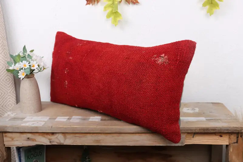 Pillow, Bolster Throw Cushion Case, Home Decor Pillow, 12x24 Red Cushion Case, Boho Pillow Sham Cover, Ethnical Kilim Rug Pillow - 4