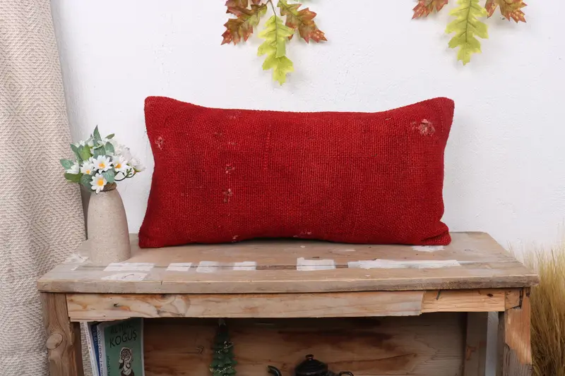 Pillow, Bolster Throw Cushion Case, Home Decor Pillow, 12x24 Red Cushion Case, Boho Pillow Sham Cover, Ethnical Kilim Rug Pillow - 1