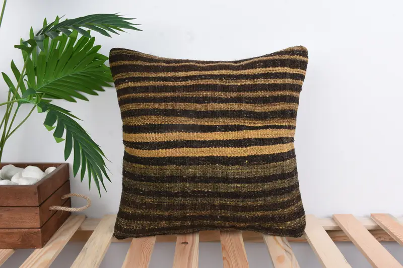 Pillow, Boho Pillow, Handmade Kilim Cushion, Designer Throw Cushion Case, 16x16 Brown Pillow Sham, Colorful Pillow Case, Vintage Pillow - 1