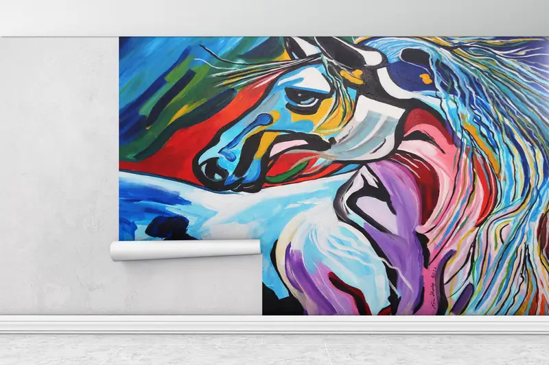 Bright Wall Paper, Modern Wall Paper, Wall Paper Peel and Stick, , Colorful Horse Mural, Horse Lover Gift Wall Paper, - 1
