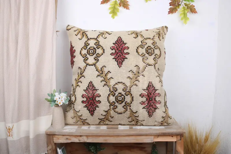 Pillow for Sofa, Handmade Rug Seat Cushion Cover, Turkish Kilim Pillow, Knitted Pillow, 28x28 White Cushion, Pillow Case, Kilim Pillow Cover - 1