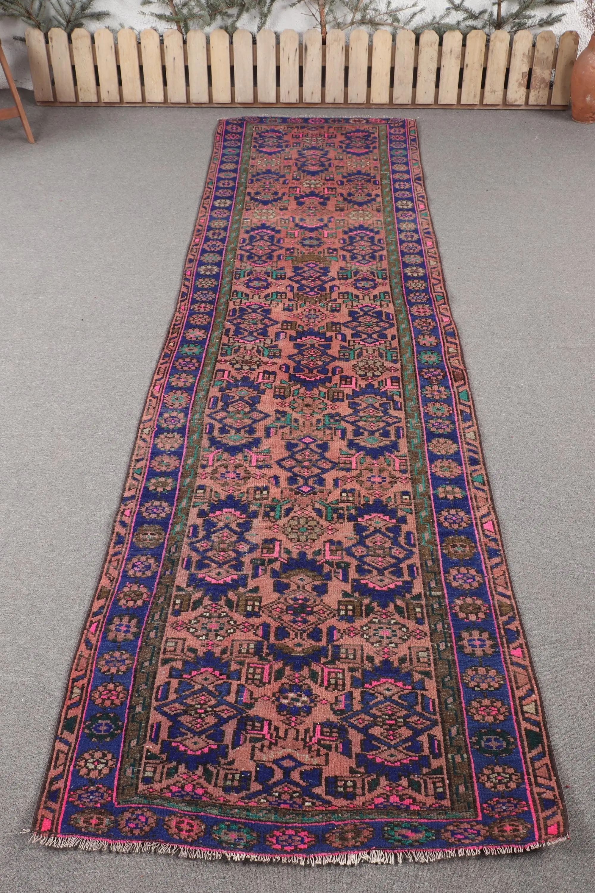 3.2x10.5 ft Vintage Turkish Rug, Runner Rug, Blue Wool Rug - 1