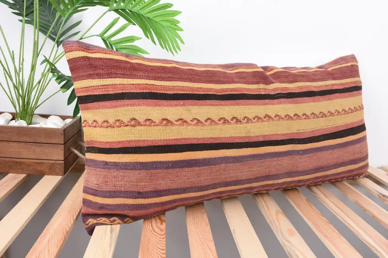 Turkish Bench Pillow Sham, Pillow Sham, Handmade Throw Cushion Cover, 16x36 Red Cushion, Boho Pillow, Vintage Pillow, Kilim Cushion Sham - 4