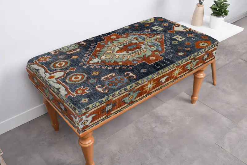 ブルー&レッド ウールベンチ 収納付き 無垢材ベンチ