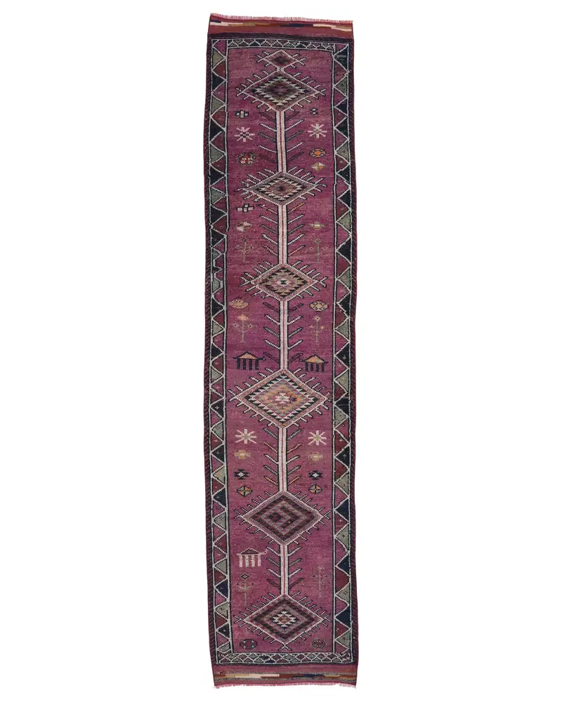 Vintage Rug, Runner 2.8x12.5 ft Turkish Rug, Red Blue Animal Print Wool Rug - 1