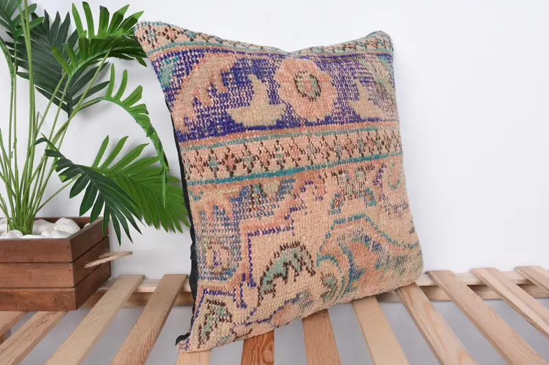 Handmade Kilim Cushion, Vintage Kilim Pillow, Cushion Cover, Boho Chic Pillow Case, 20x20 Beige Cushion, Kilim Cushion Sham, Art Deco Cushion Case - 4