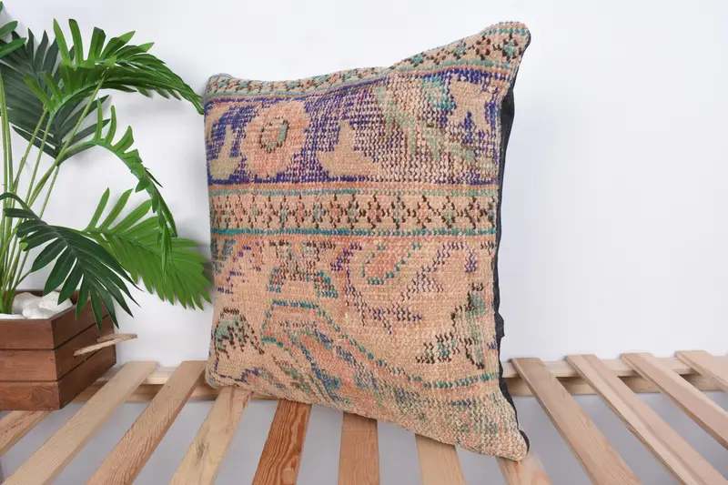 Handmade Kilim Cushion, Vintage Kilim Pillow, Cushion Cover, Boho Chic Pillow Case, 20x20 Beige Cushion, Kilim Cushion Sham, Art Deco Cushion Case - 5