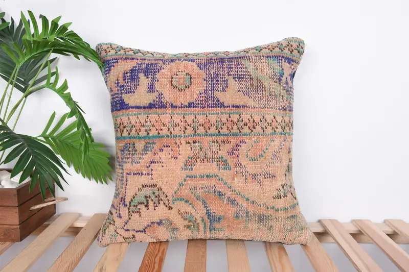 Handmade Kilim Cushion, Vintage Kilim Pillow, Cushion Cover, Boho Chic Pillow Case, 20x20 Beige Cushion, Kilim Cushion Sham, Art Deco Cushion Case - 1