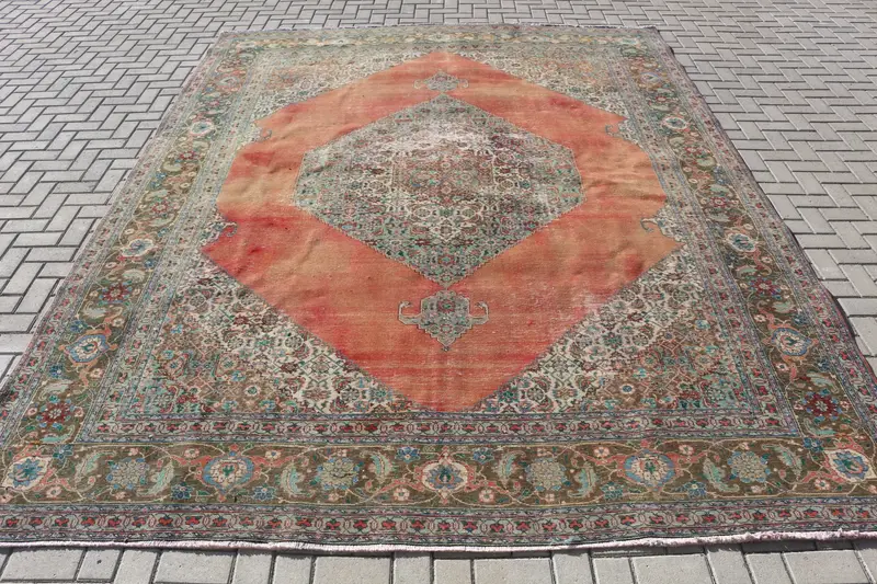 Red Oriental Rug, 12,4x12,37 ft Elegant Green Accents