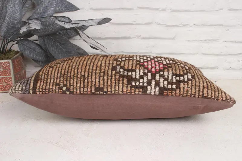Brown & Pink Embroidered Floral Throw Pillow, 12x20 Inches Pillow - 5