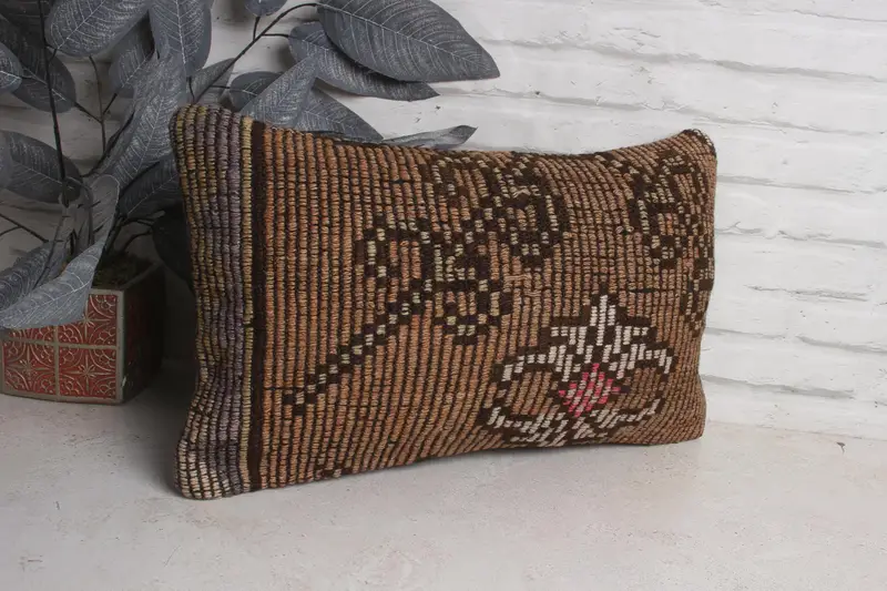 Brown & Pink Embroidered Floral Throw Pillow, 12x20 Inches Pillow - 3