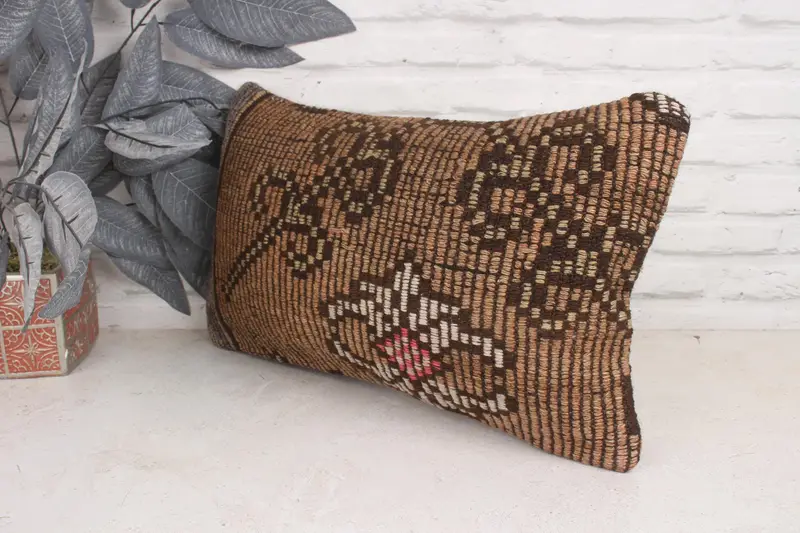 Brown & Pink Embroidered Floral Throw Pillow, 12x20 Inches Pillow - 4