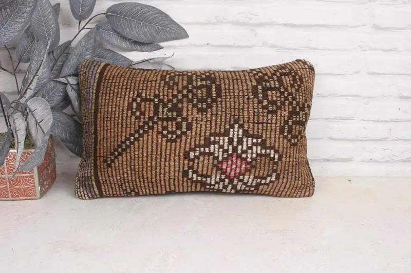 Brown & Pink Embroidered Floral Throw Pillow, 12x20 Inches Pillow - 1