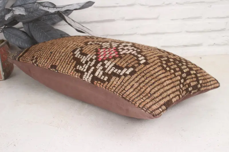 Brown & Pink Embroidered Floral Throw Pillow, 12x20 Inches Pillow - 6