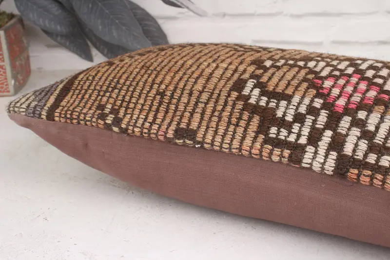 Brown & Pink Embroidered Floral Throw Pillow, 12x20 Inches Pillow - 7