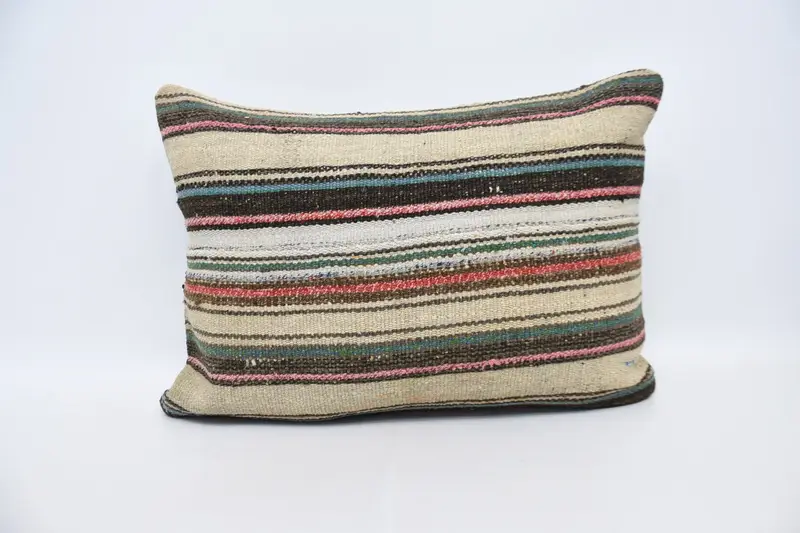 Vintage Striped Wool Pillow Case, Moroccan 20x28 inch Beige Cushion - 1