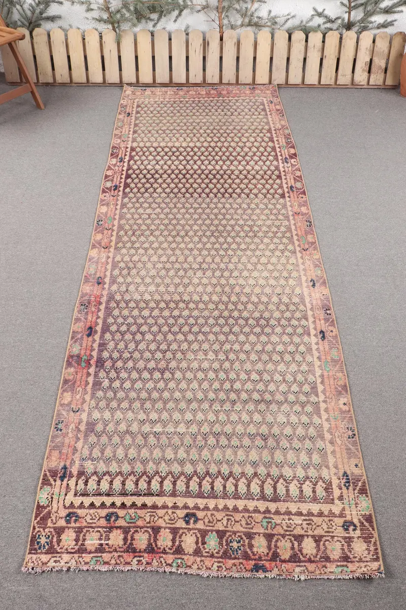 手作りのパープルラグ、3.3x9.7フィートのボーダーデザイン