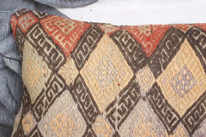 Antique Pillows, Lounge Throw Cushion, Boho Pillow Sham Cover, Pillow Case, Ethnical Kilim Rug Pillow, 12x20 Beige Pillow Sham - 2