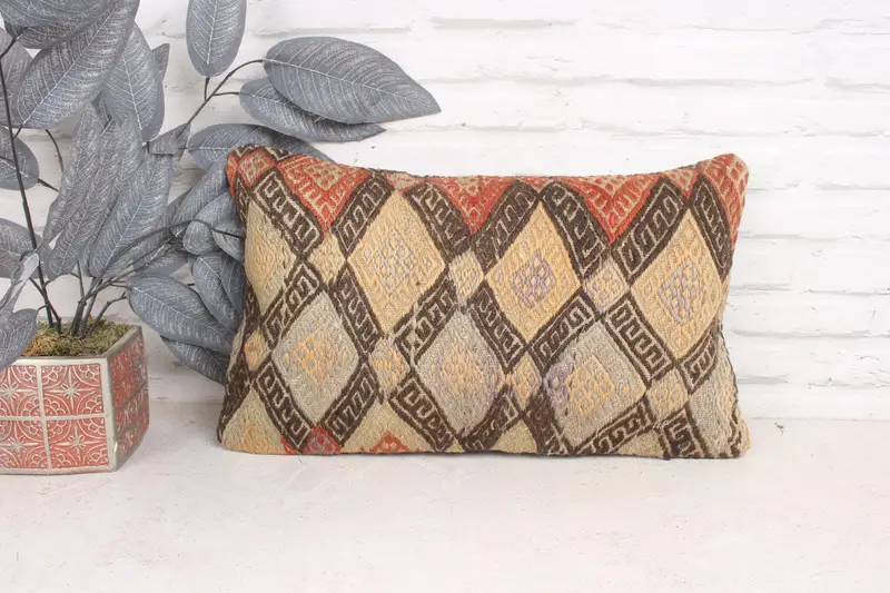 Antique Pillows, Lounge Throw Cushion, Boho Pillow Sham Cover, Pillow Case, Ethnical Kilim Rug Pillow, 12x20 Beige Pillow Sham - 1