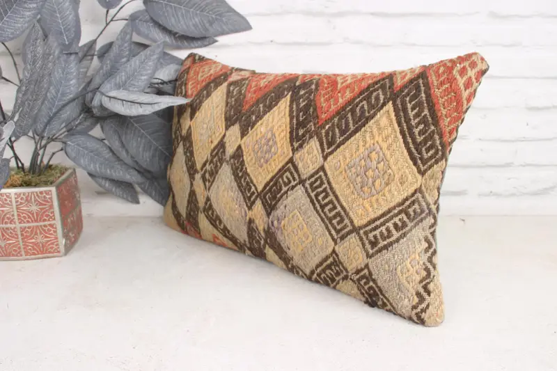 Antique Pillows, Lounge Throw Cushion, Boho Pillow Sham Cover, Pillow Case, Ethnical Kilim Rug Pillow, 12x20 Beige Pillow Sham - 4