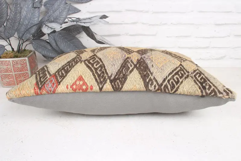Antique Pillows, Lounge Throw Cushion, Boho Pillow Sham Cover, Pillow Case, Ethnical Kilim Rug Pillow, 12x20 Beige Pillow Sham - 5