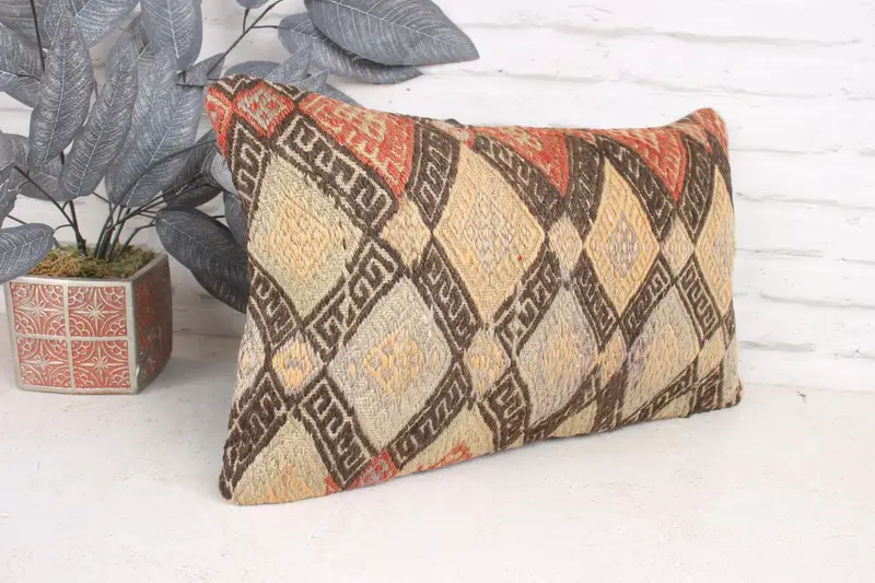 Antique Pillows, Lounge Throw Cushion, Boho Pillow Sham Cover, Pillow Case, Ethnical Kilim Rug Pillow, 12x20 Beige Pillow Sham - 3