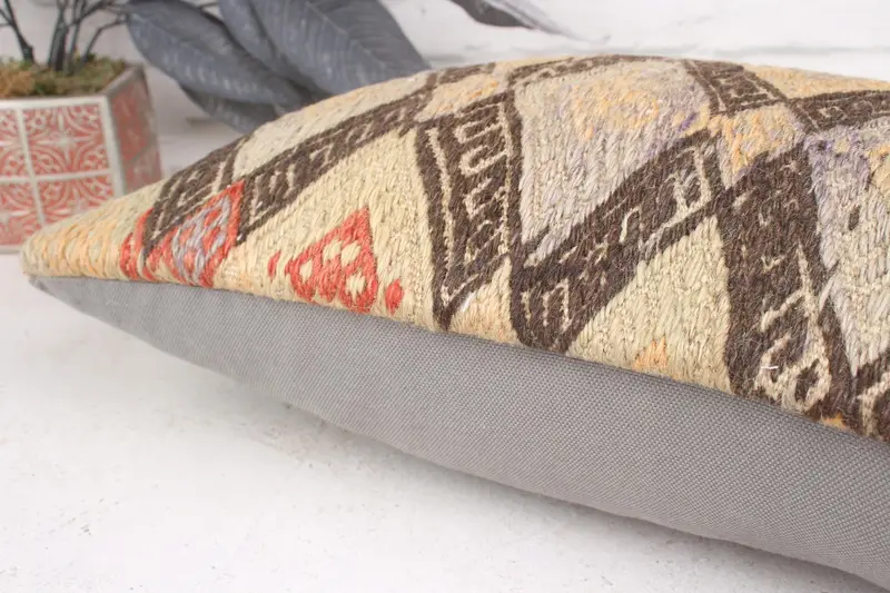 Antique Pillows, Lounge Throw Cushion, Boho Pillow Sham Cover, Pillow Case, Ethnical Kilim Rug Pillow, 12x20 Beige Pillow Sham - 7
