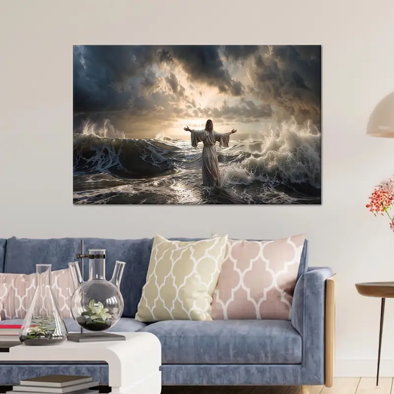 Lienzo Sagrado Paisaje Marino: Jesús en el Mar, Regalo de Navidad Perfecto