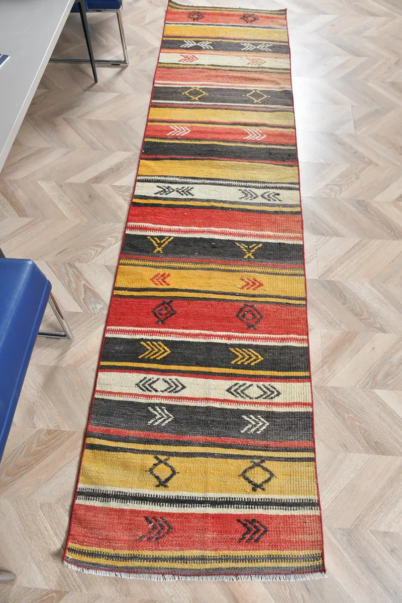 Vibrant Yellow Rug, 2,1x8,6 ft Geometric Floral Design