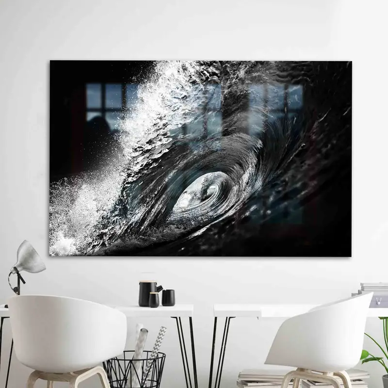 Zarif Baskılı Cam: Siyah Beyaz Dalga Peyzaj Tasarımı