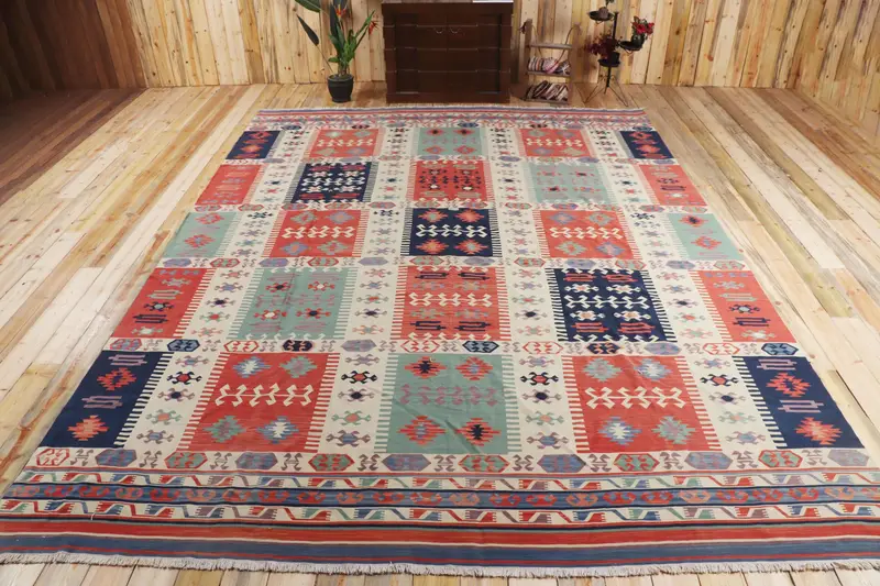 Türk Vintage Halısı, 10.1x13 ft Halı, Kırmızı Bej Düz Halı - 1