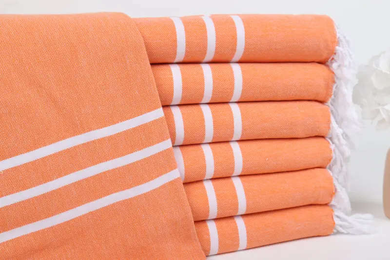 Kişiye Özel Türk Plaj Havlusu Turuncu Çizgili Bej, 40x71 İnç