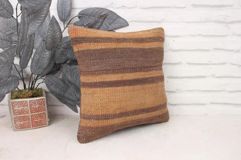Hippie Throw Pillow, Throw Kilim Pillow, Tapestry Cushion, Handmade Kilim Cushion, Pillow Case, Ethnical Kilim Rug Pillow, 14x14 Brown Cushion Case - 3