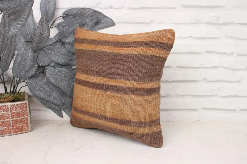 Hippie Throw Pillow, Throw Kilim Pillow, Tapestry Cushion, Handmade Kilim Cushion, Pillow Case, Ethnical Kilim Rug Pillow, 14x14 Brown Cushion Case - 4