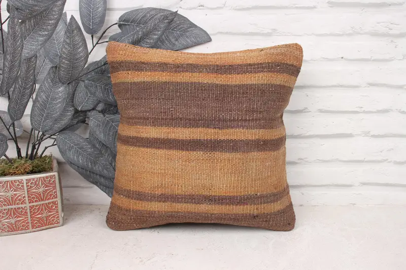 Hippie Throw Pillow, Throw Kilim Pillow, Tapestry Cushion, Handmade Kilim Cushion, Pillow Case, Ethnical Kilim Rug Pillow, 14x14 Brown Cushion Case - 1