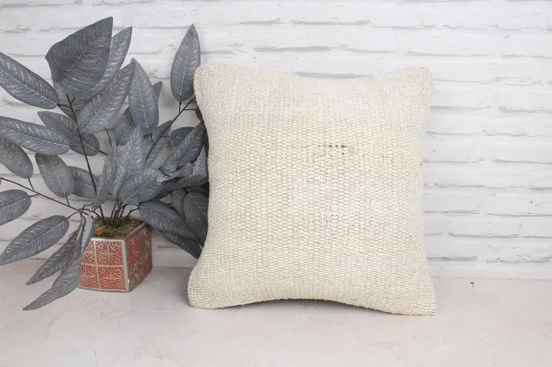 Turkish Kilim Pillow, Square Throw Pillow, Cushion Case, 18x18 White Cushion Cover, Oriental Pillow Cover, Handmade Kilim Cushion, Kilim Pillow - 1