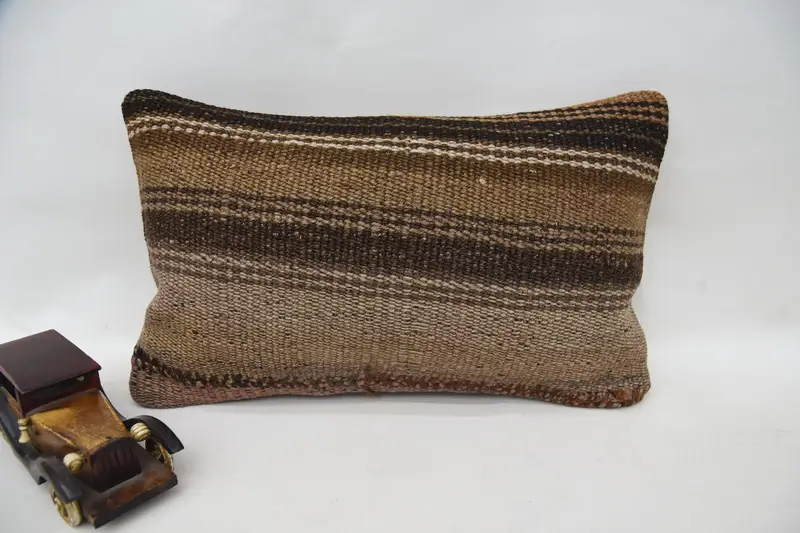 Vintage Wool Brown Pillow Cover, Striped Antique 12x20 inch Pillow - 1