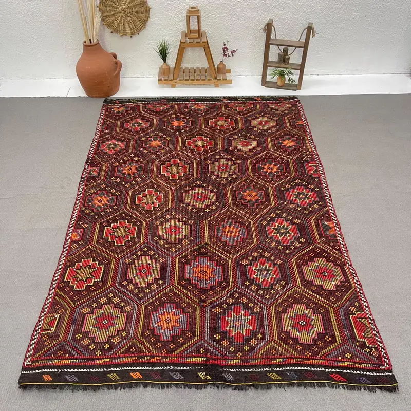 6.3x9.4 ft Kilim Rug, Vintage Turkish Rug, Red Yellow Abstract Rug - 1