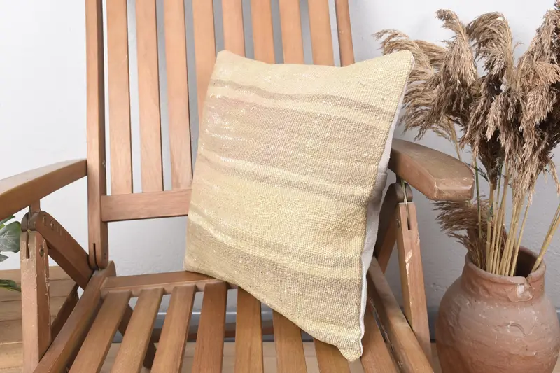 Boho Pillow, Pillow Sham, Handmade Throw Cushion Case, Kilim Pillow Cover, Ottoman Pillow Cover, Boho Pillow Sham Cover, 16x16 Beige Pillow Case - 3
