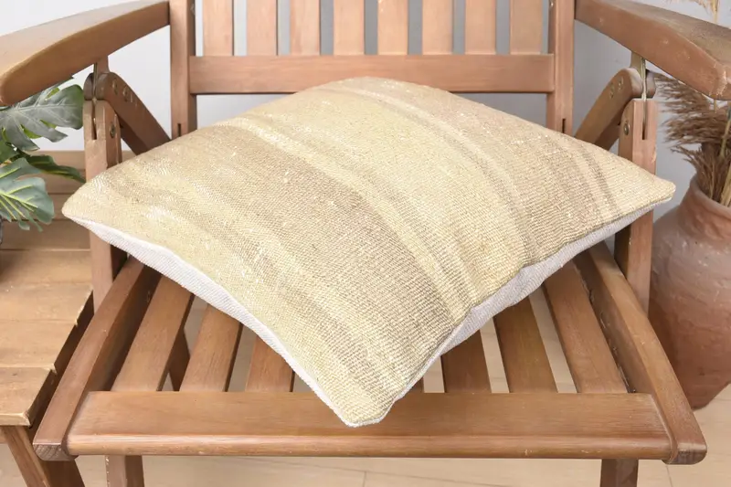 Boho Pillow, Pillow Sham, Handmade Throw Cushion Case, Kilim Pillow Cover, Ottoman Pillow Cover, Boho Pillow Sham Cover, 16x16 Beige Pillow Case - 4