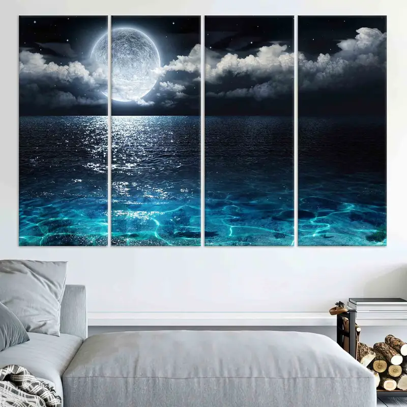 Kişiselleştirilmiş duvar sanatı, deniz üzerinde ay, ay duvar dekoru, dolunay poster, çiftlik evi duvar sanatı, oturma odası dekoru, tuval duvar sanatı, - 2