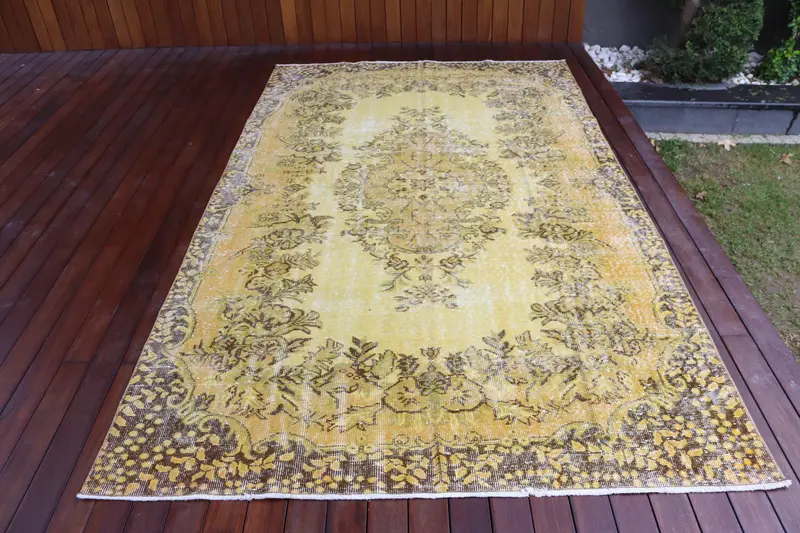 Turkish Oushak Large Rug 5.5x9.4 ft (168x285 cm), Vintage Yellow Ikat Wool Rug - 1