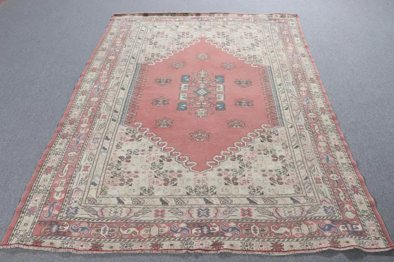 5.5x7.4 ft Türk Halısı, Oushak Halısı, Kırmızı Fas Halısı Yünü - 1
