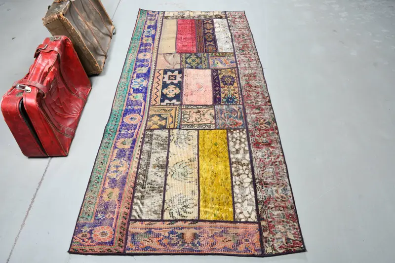 Vintage Oushak Halı 3.37x7.6 ft, Mavi Kırmızı Çiçek Yün Türk Halısı - 1
